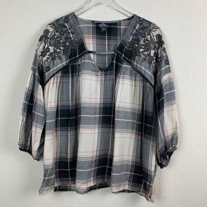 ANGIE Boho Plaid Embroidered Peasant Top Large